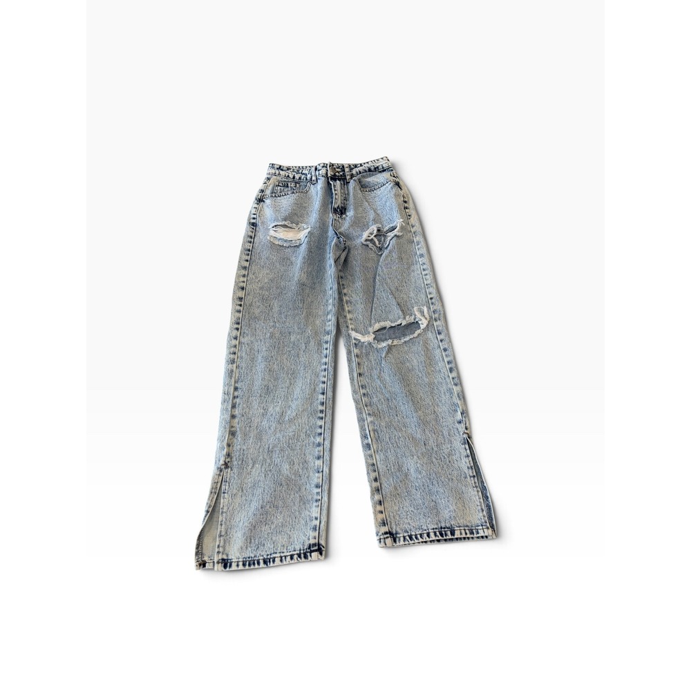 SHEIN Women Light Acid Wash Distressed Wide Leg Jeans Side Slit Size 28
